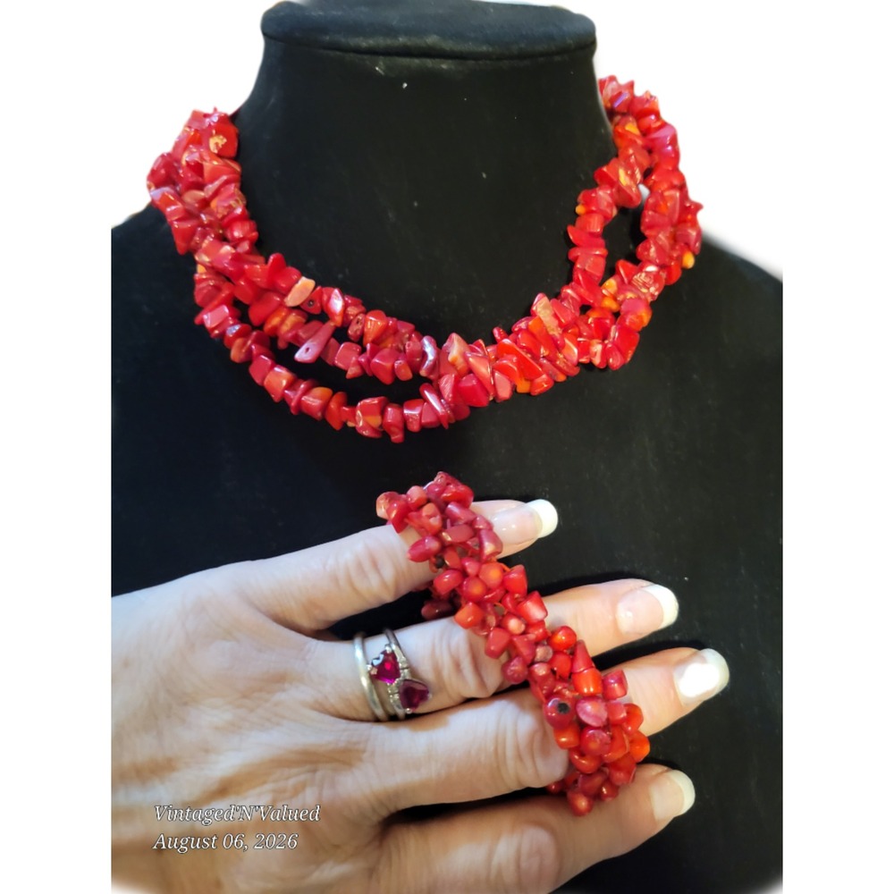 Red Coral Chip‎ Multi-Strand Necklace & Matching Bracelet VTG SKUJ095